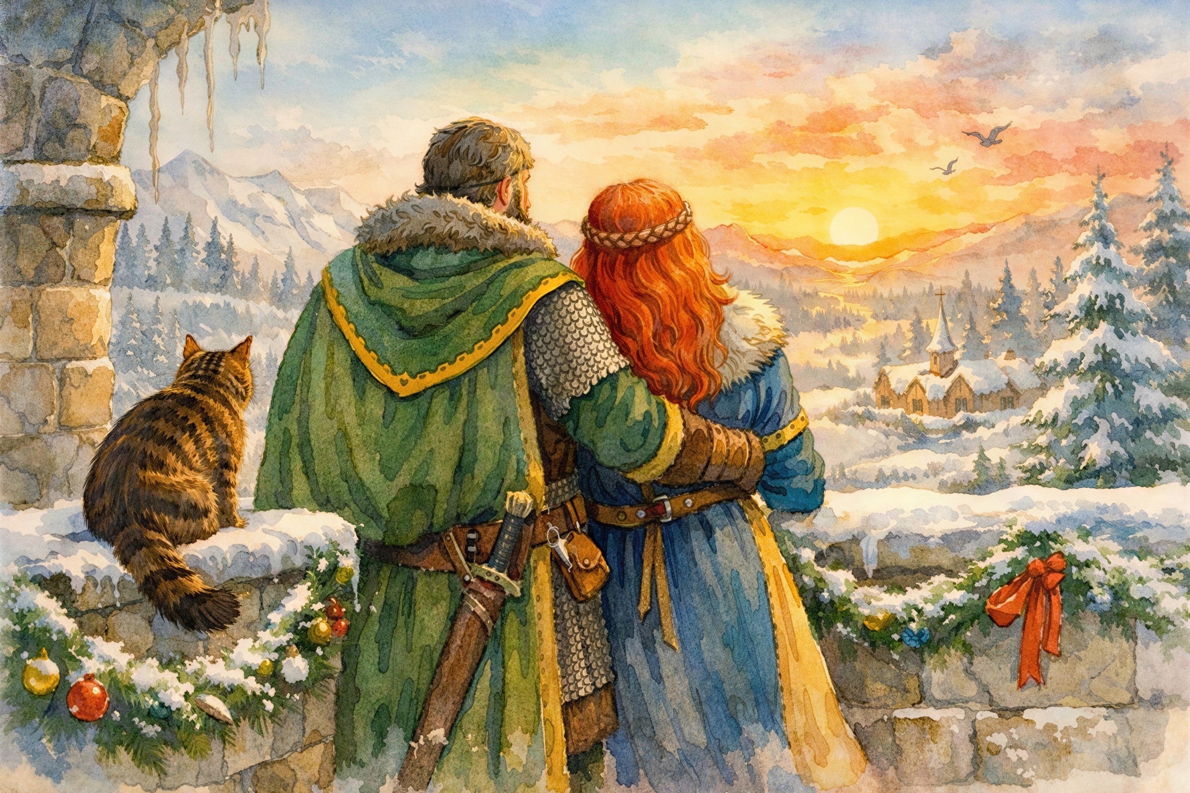 Watercolor of Medieval Couple in Snowy Landscape
