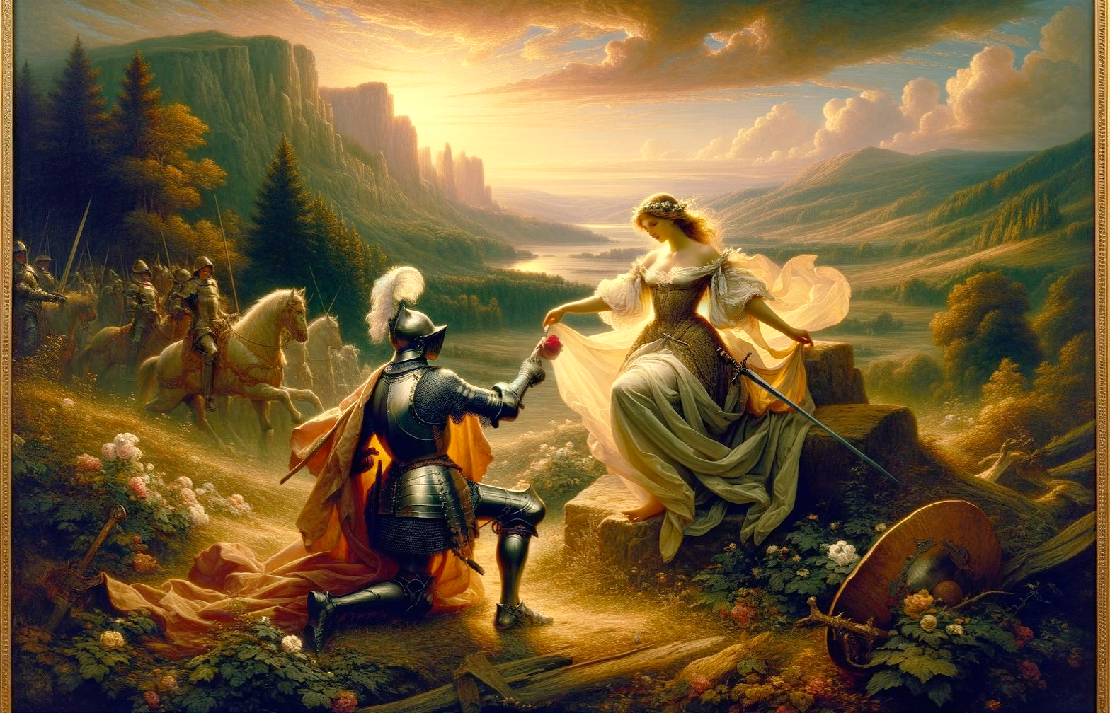 Knight Offering Rose in a Romantic Sunset Setting
