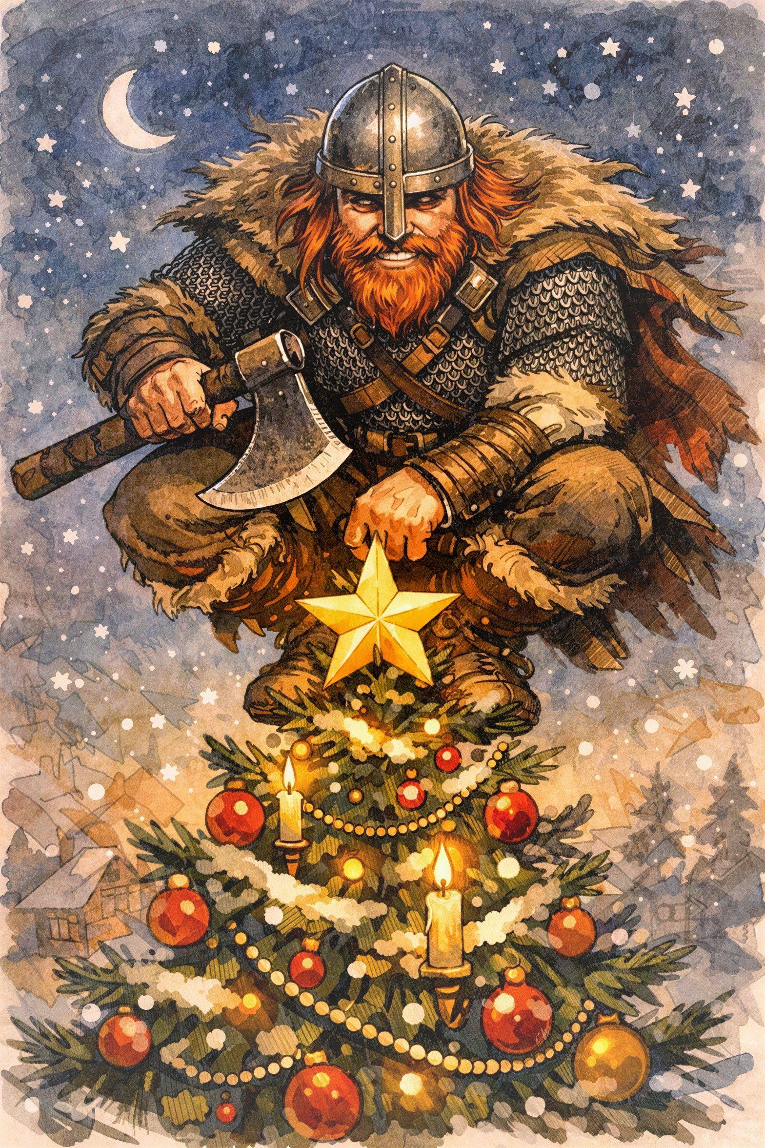 Viking Decorates Christmas Tree in Watercolor Art