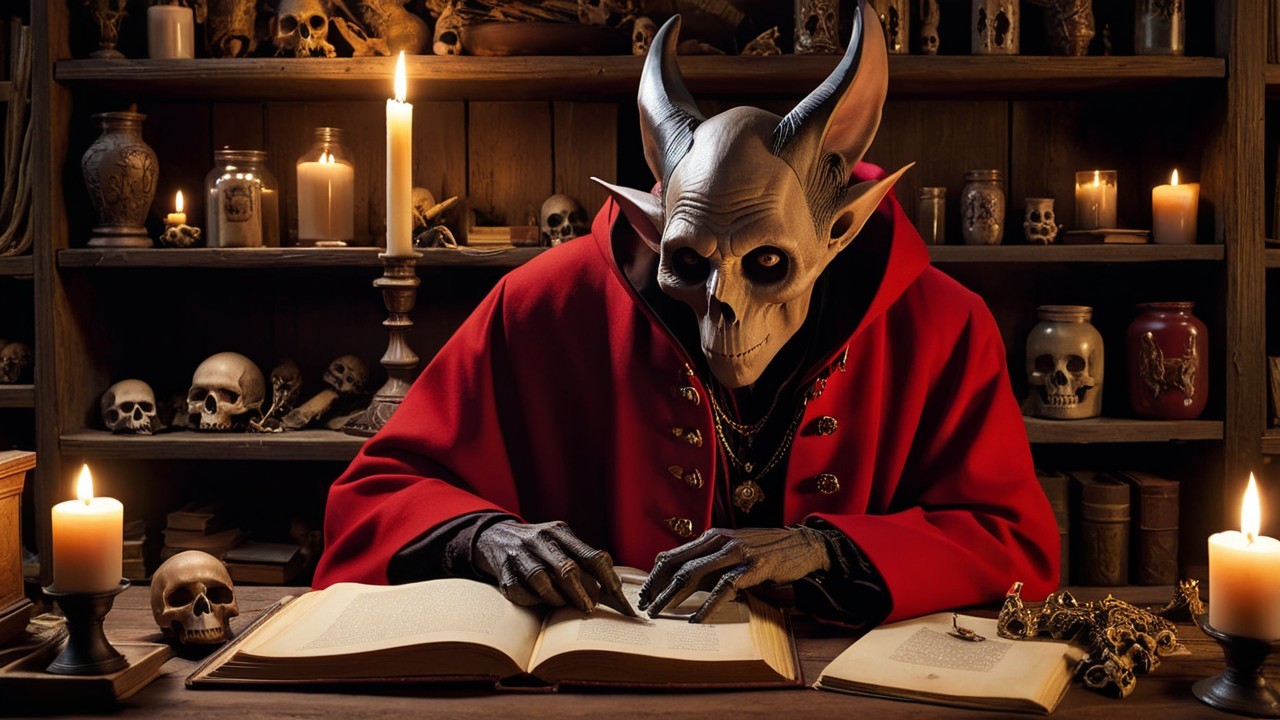 Skeletal Figure in Red Cloak Surrounded by Artifacts