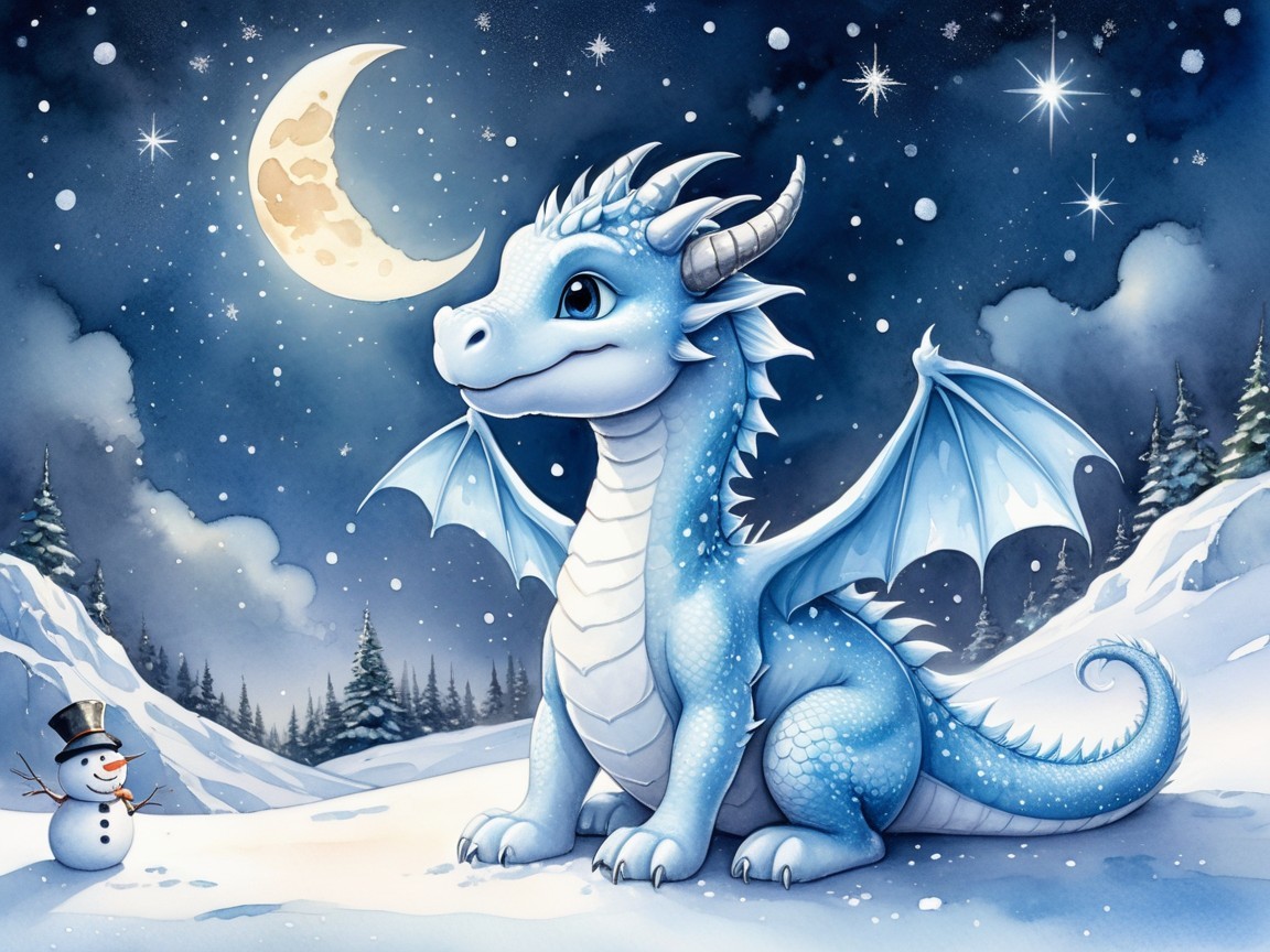 Blue dragon in snowy landscape with snowman and moon