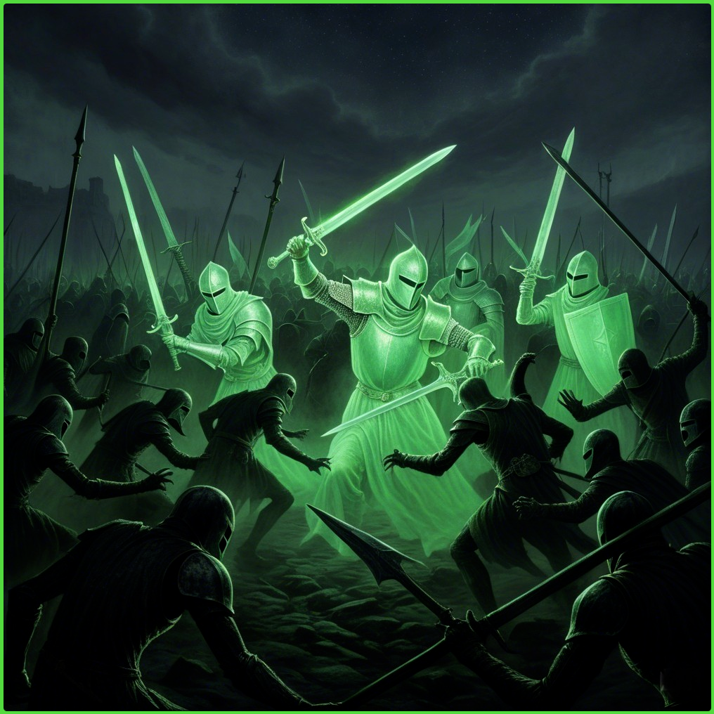 Dramatic Battle Scene with Ghostly Knights and Shadows
