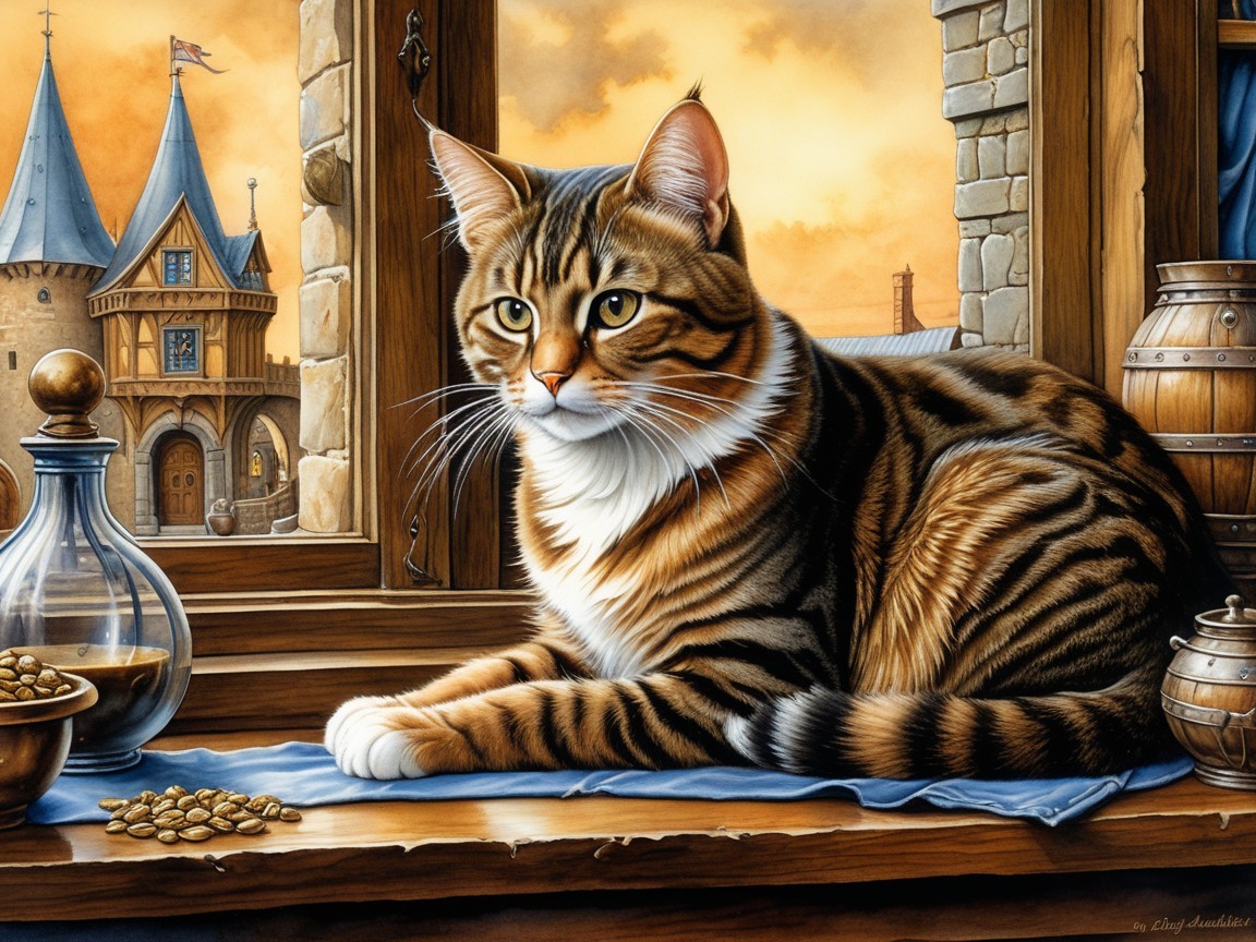 Tabby Cat on Windowsill with Medieval Landscape View