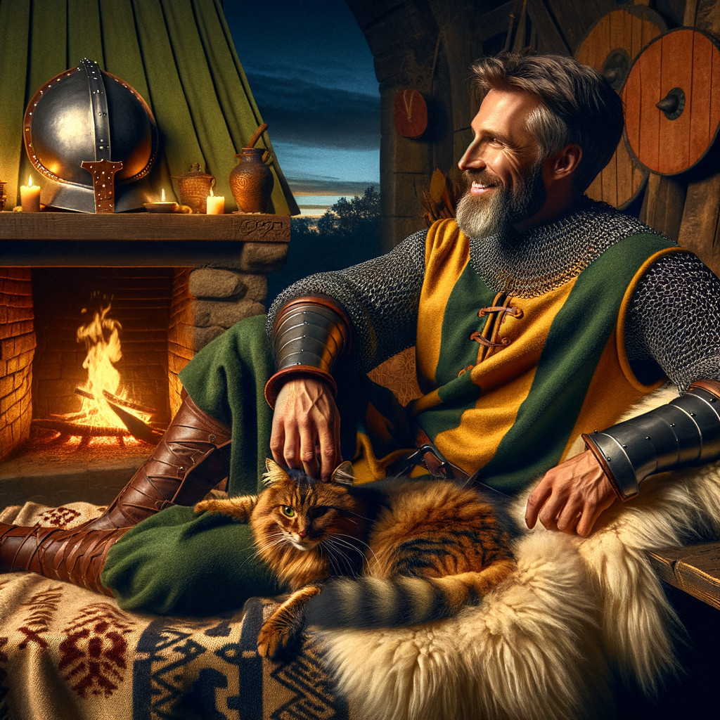 Cozy Medieval Scene with Bearded Man and Cat