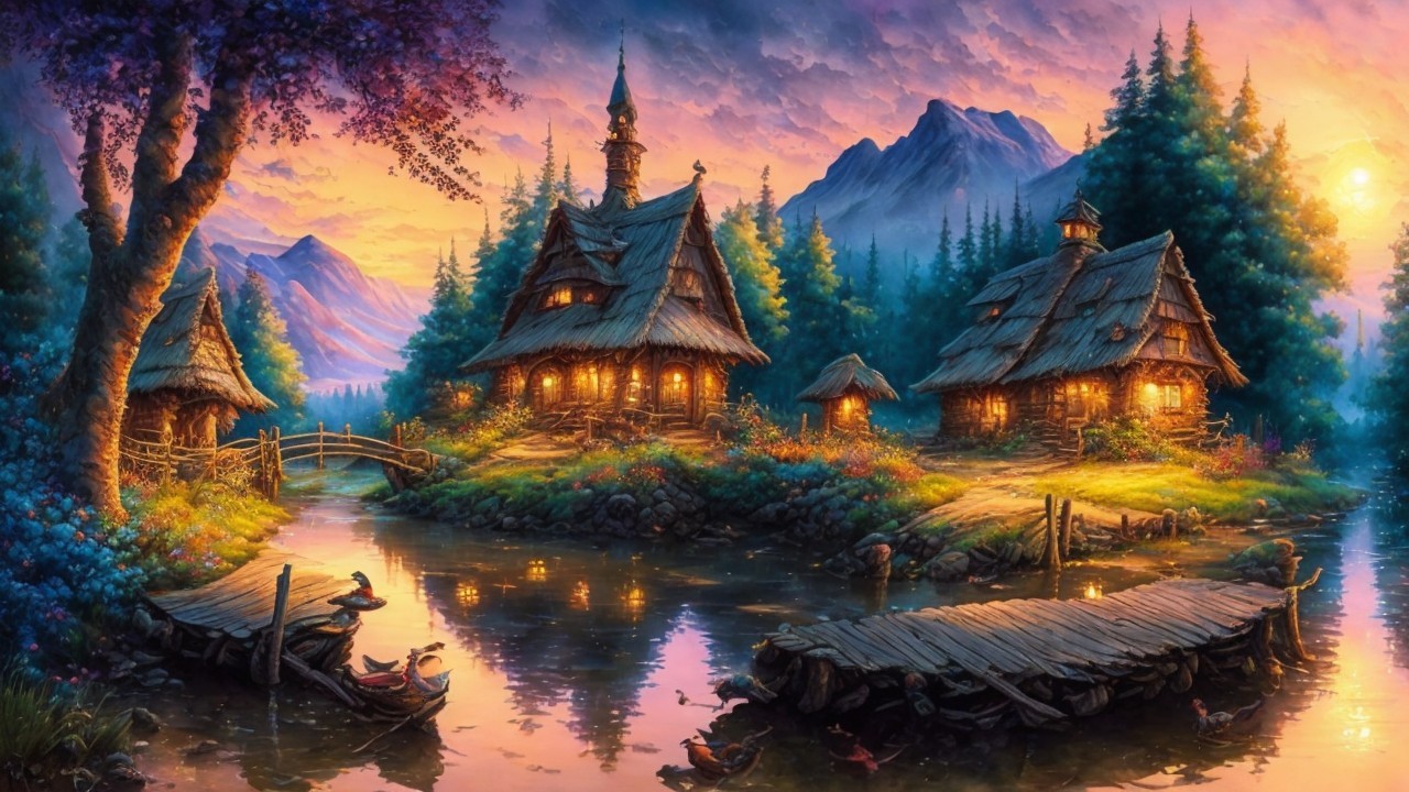 Charming Cottages and Sunset Over Serene River