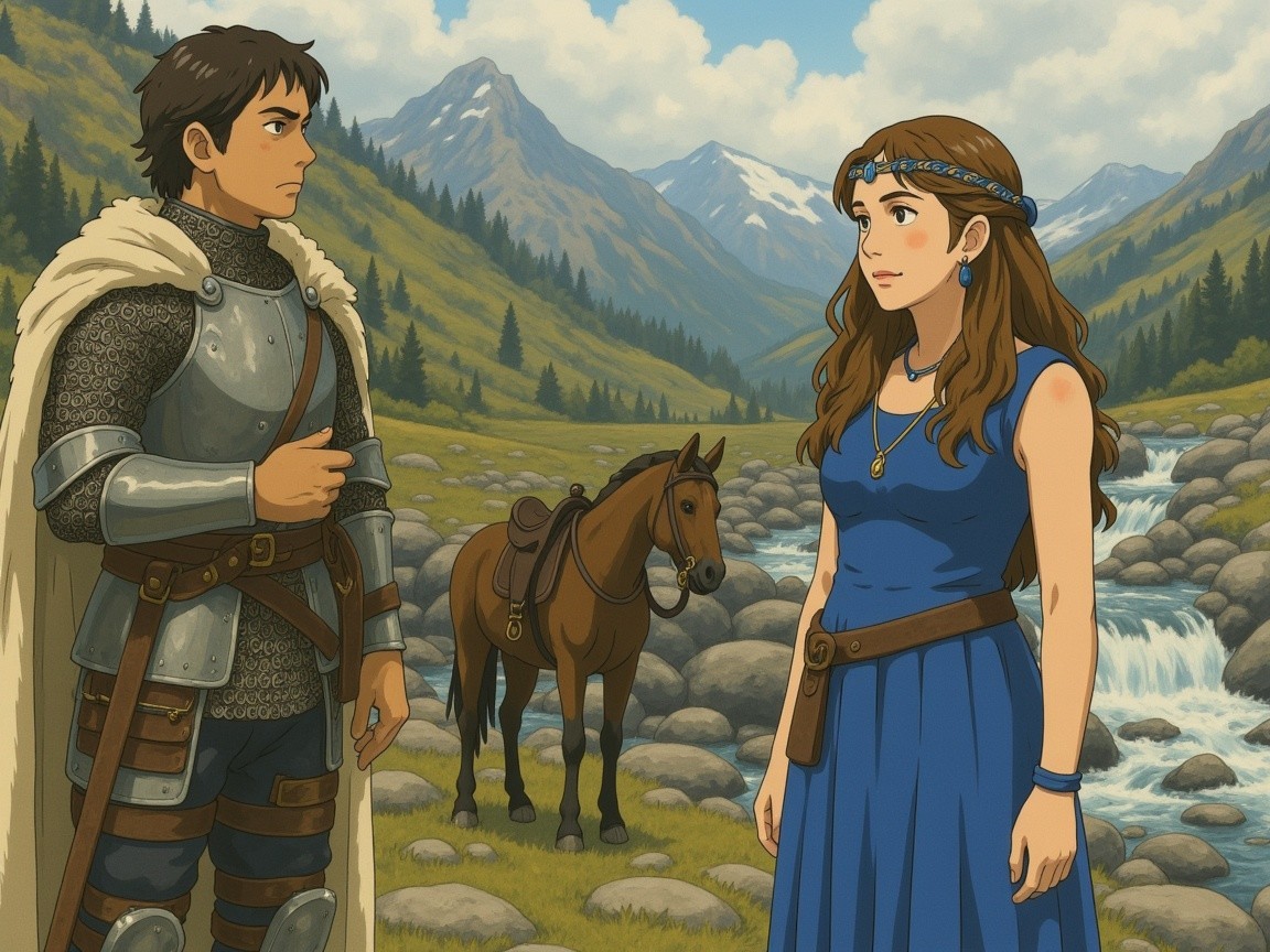 Knight and Woman in Mountain Landscape with River
