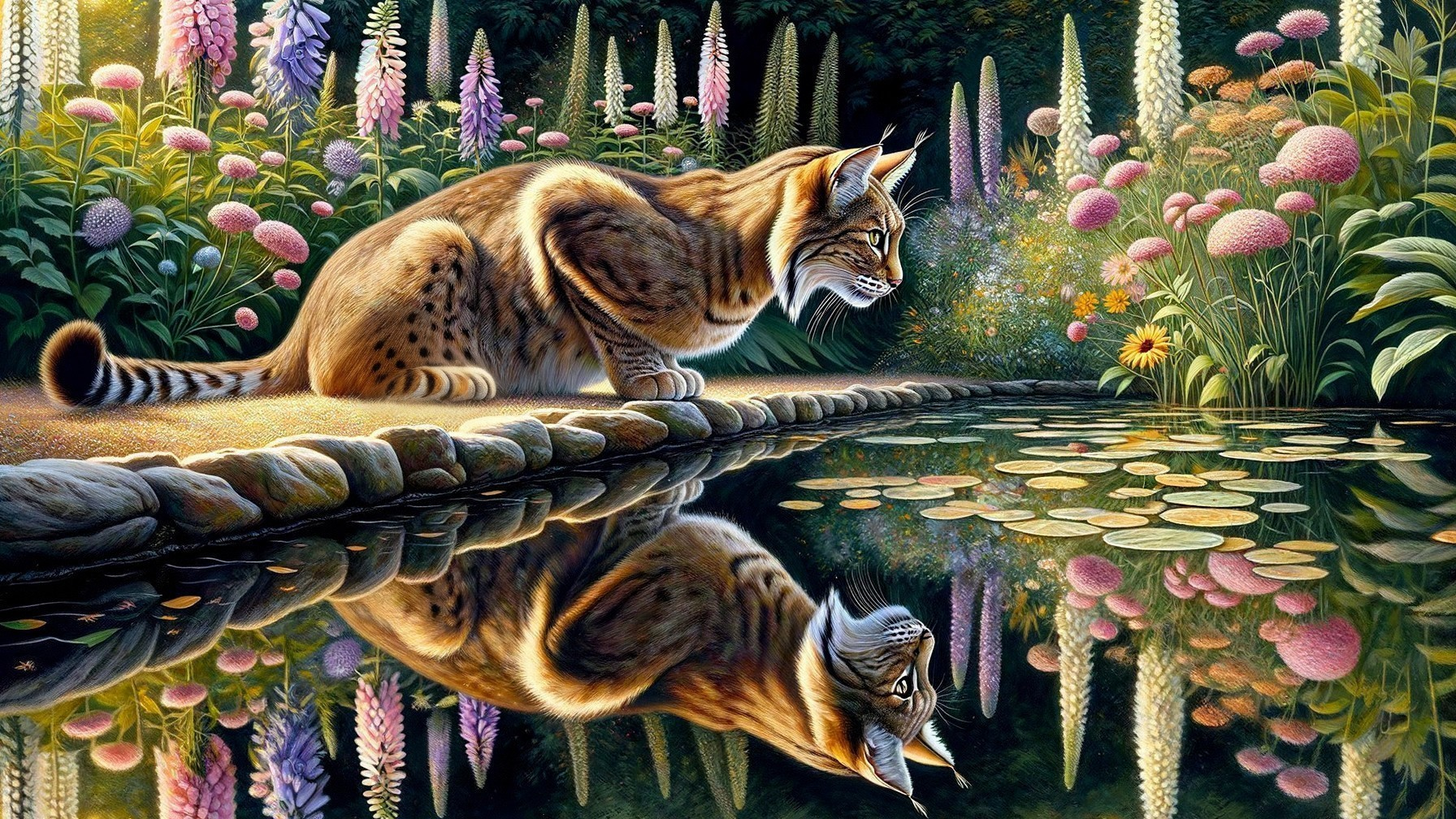 Lynx by Pond Surrounded by Vibrant Garden Flowers