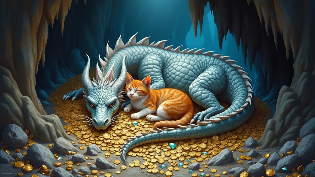Silver Dragon and Orange Tabby Cat in Mystical Cave