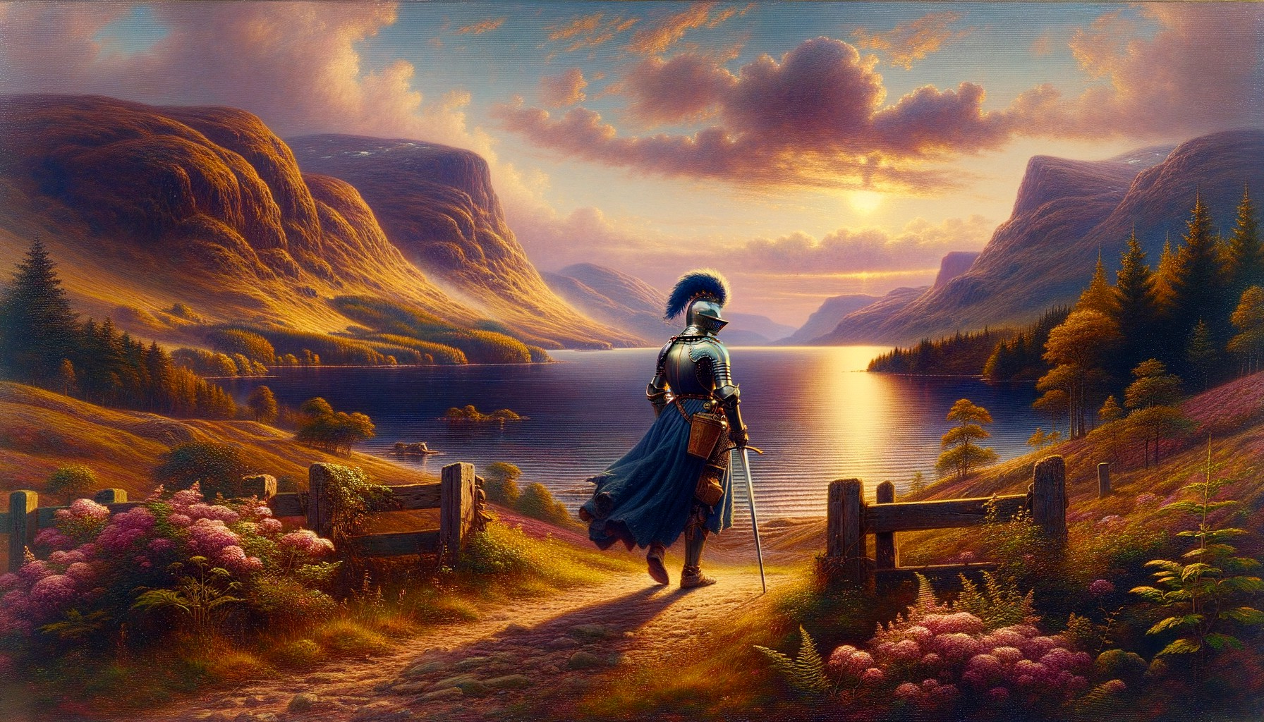 Serene sunset landscape with knight by a lake