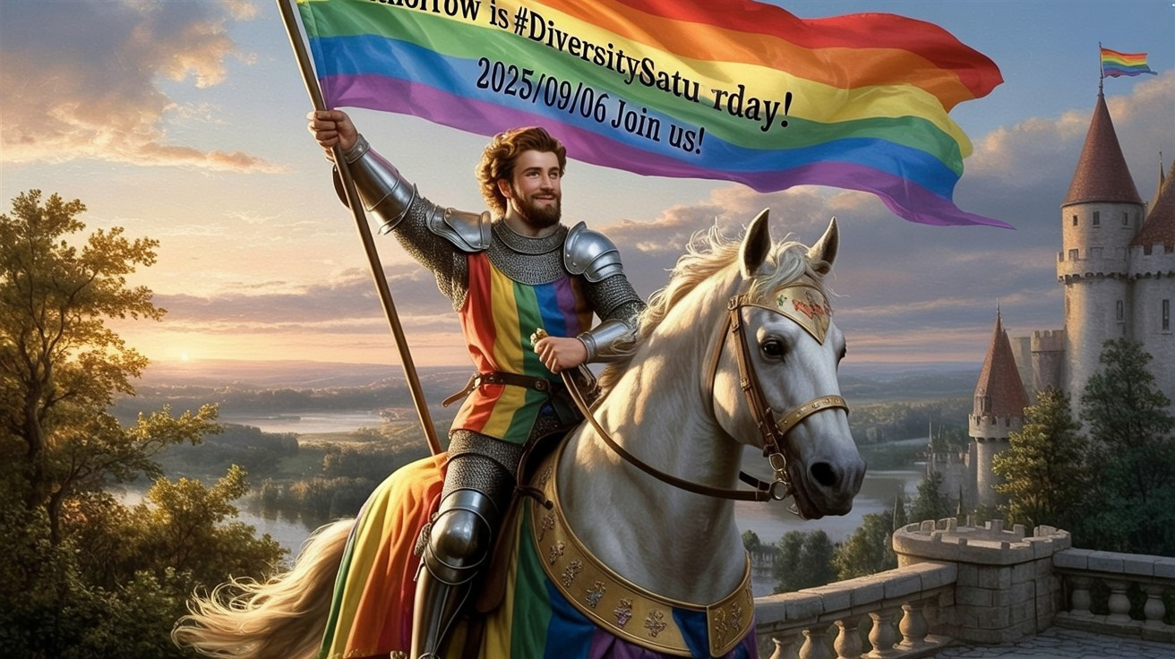Knight on White Horse with Rainbow Flag in Landscape