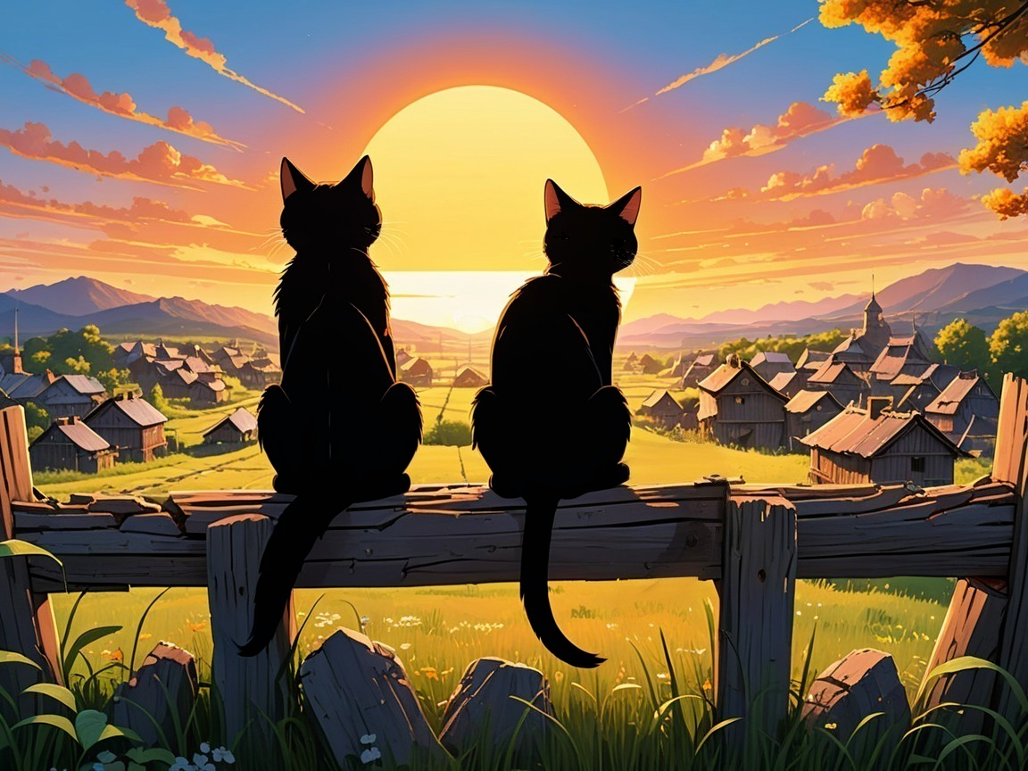 Black Cats on Fence with Vibrant Sunset and Village