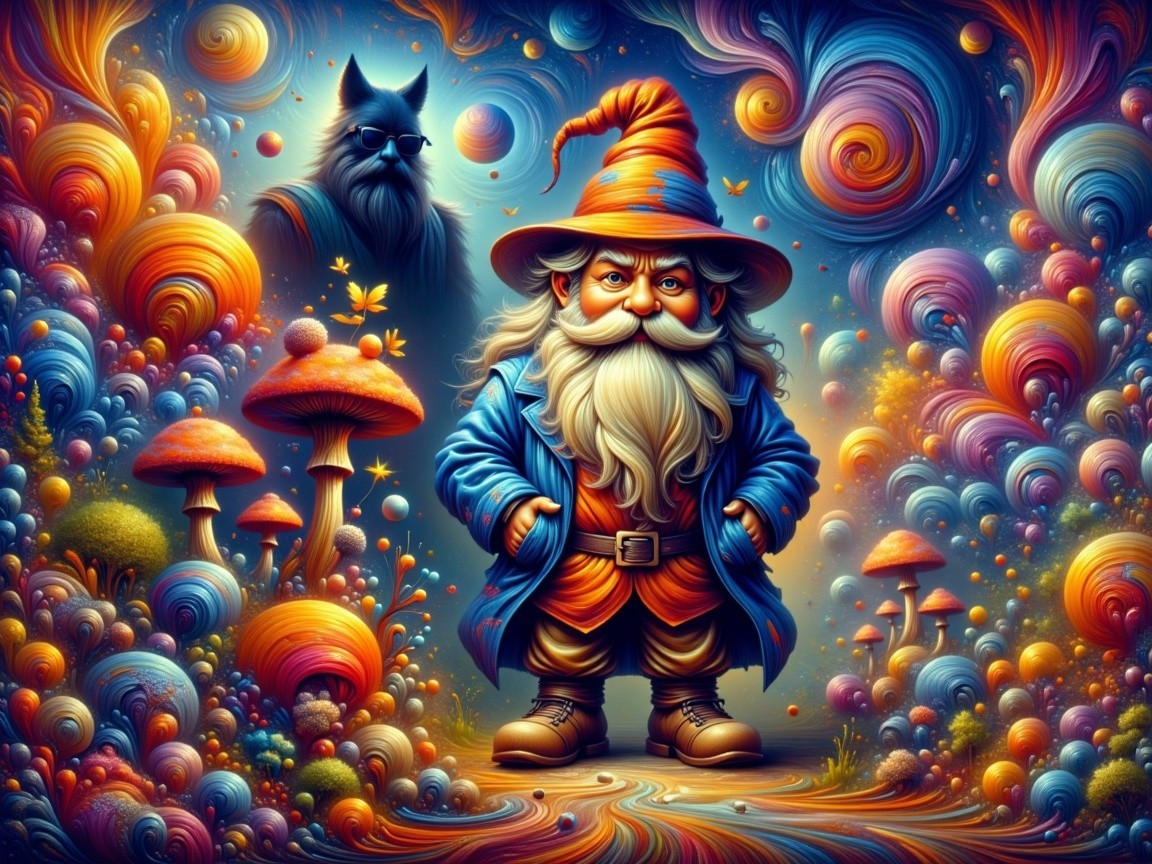 Cheerful wizard in vibrant landscape with mushrooms and cat