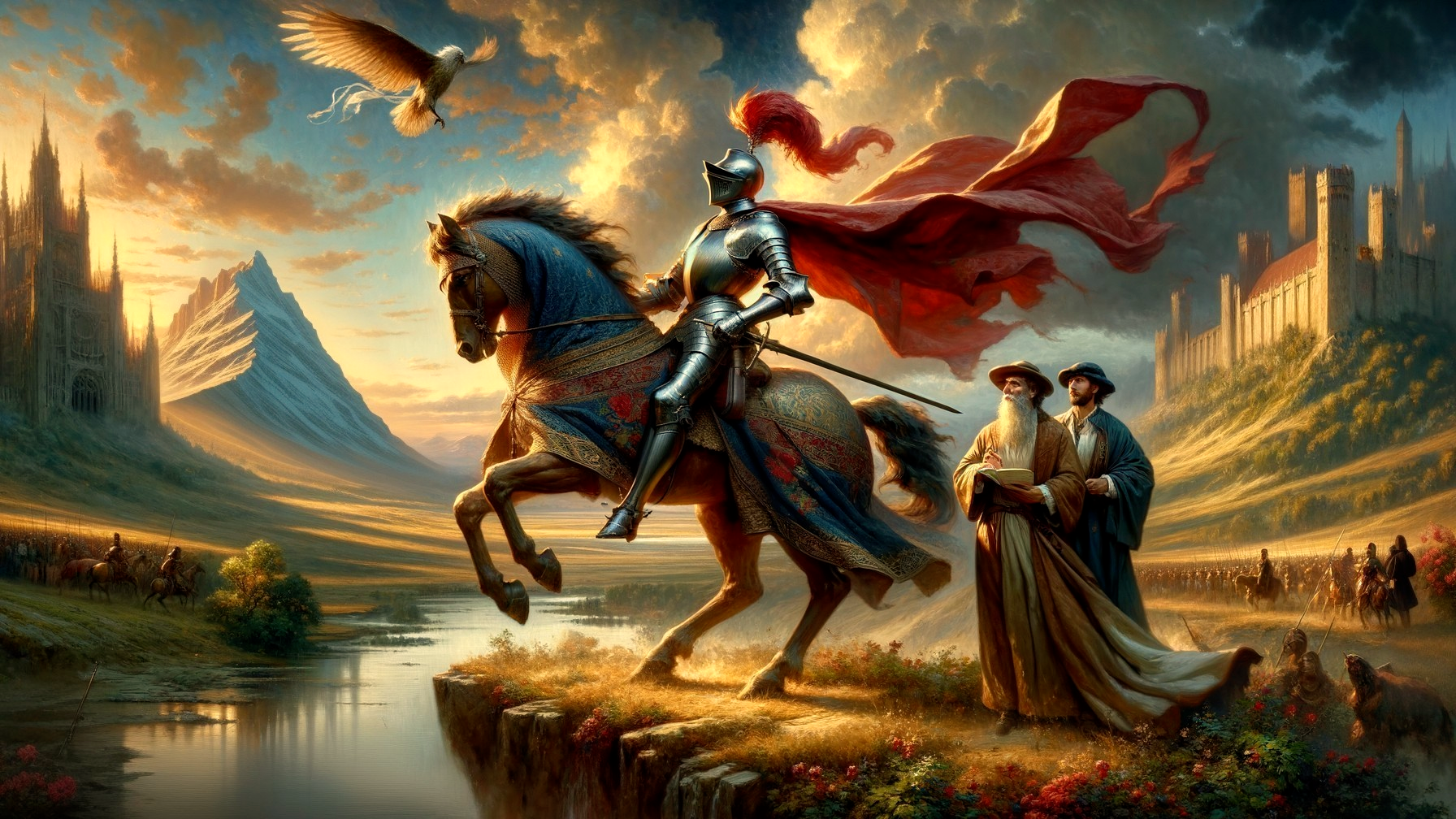 Knight on Steed in Colorful Fantasy Landscape