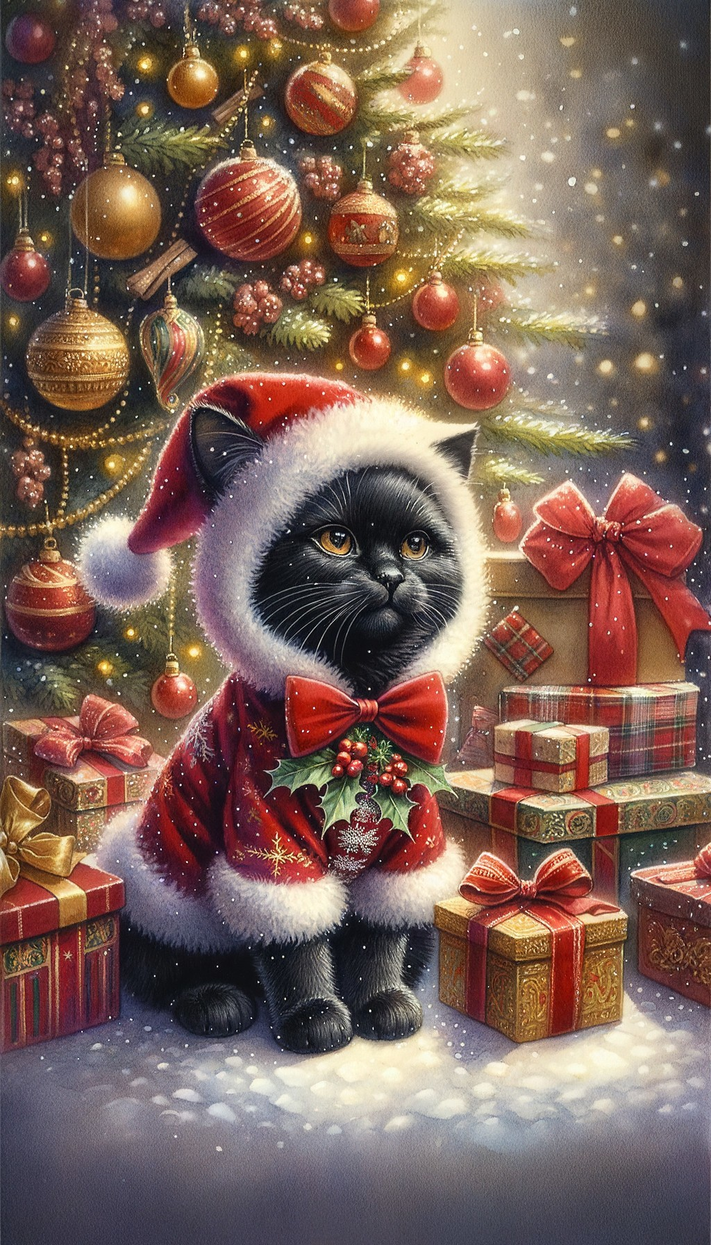 Black Cat in Santa Hat and Bow Tie by Christmas Tree with Snowfall