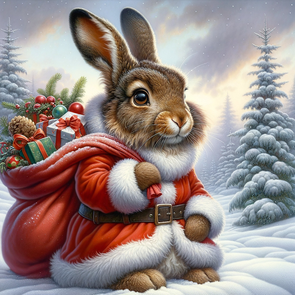 Rabbit in Santa Outfit in Snowy Winter Landscape