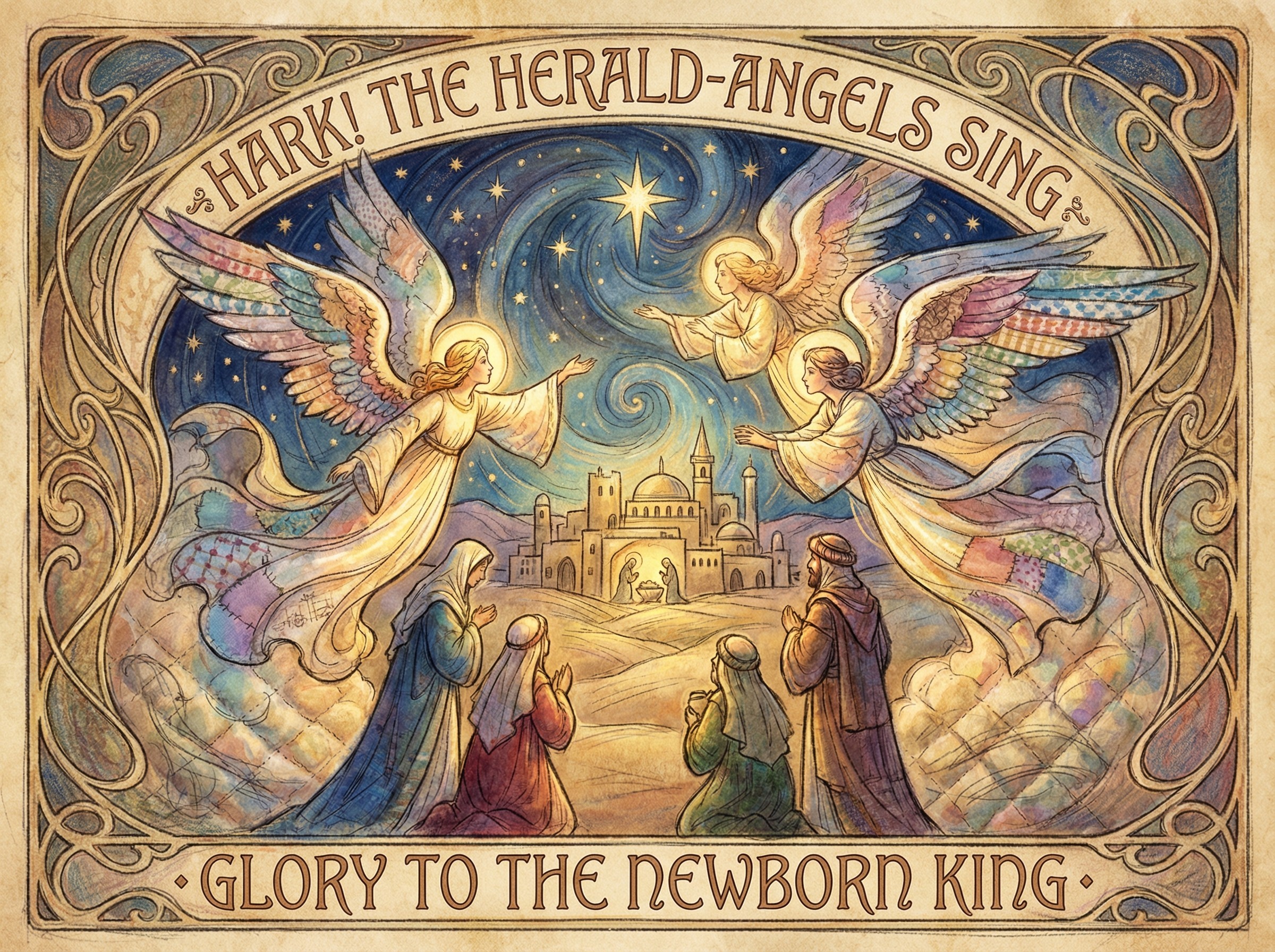 Art Nouveau Illustration of Angels and Starry Sky