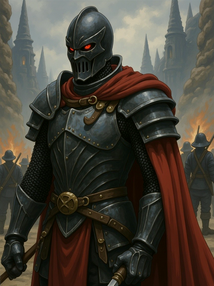 Menacing knight in dark armor with crimson cape