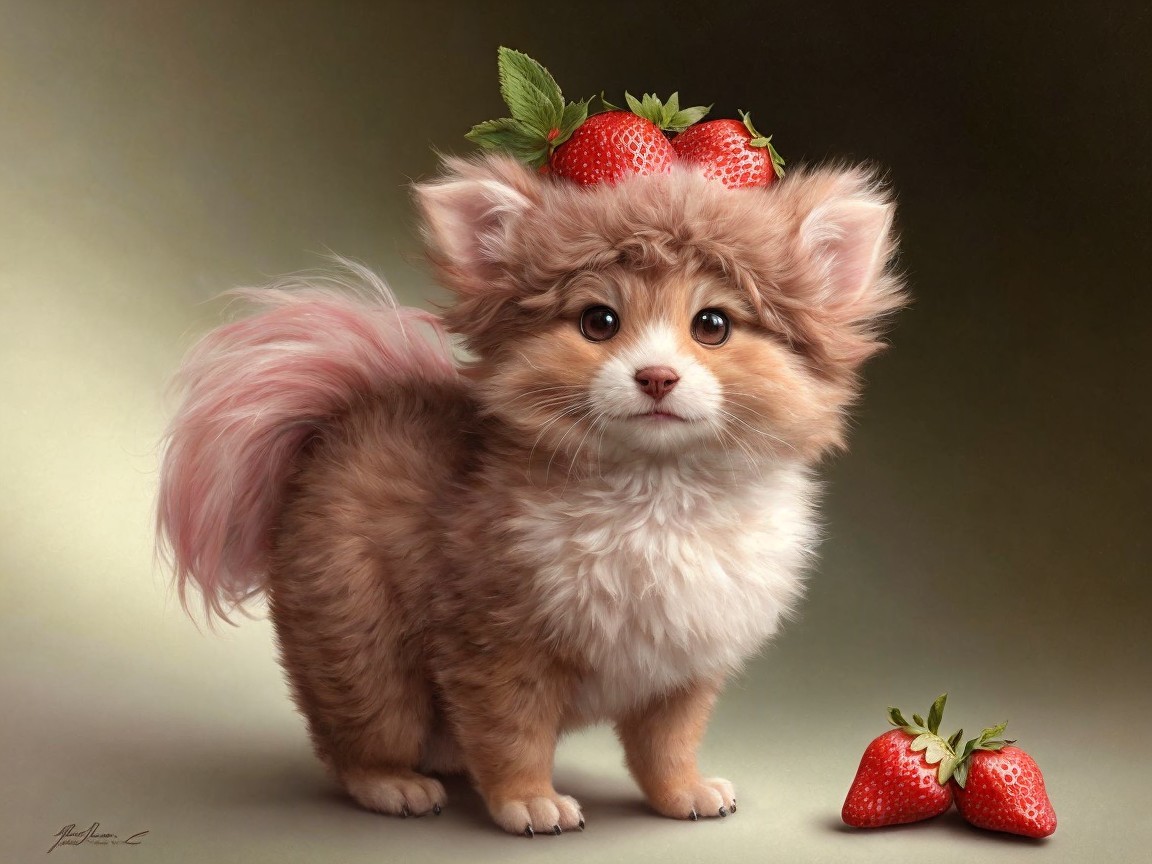 Fluffy Puppy with Strawberries on Soft Background