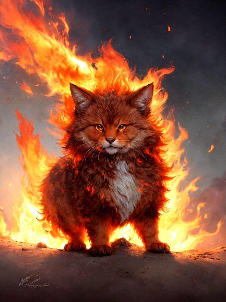 Majestic Fiery Cat Amid Swirling Flames and Smoke