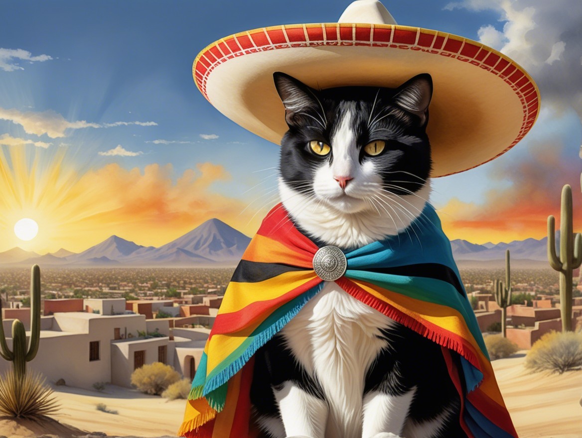 Black and white cat in poncho and sombrero in desert