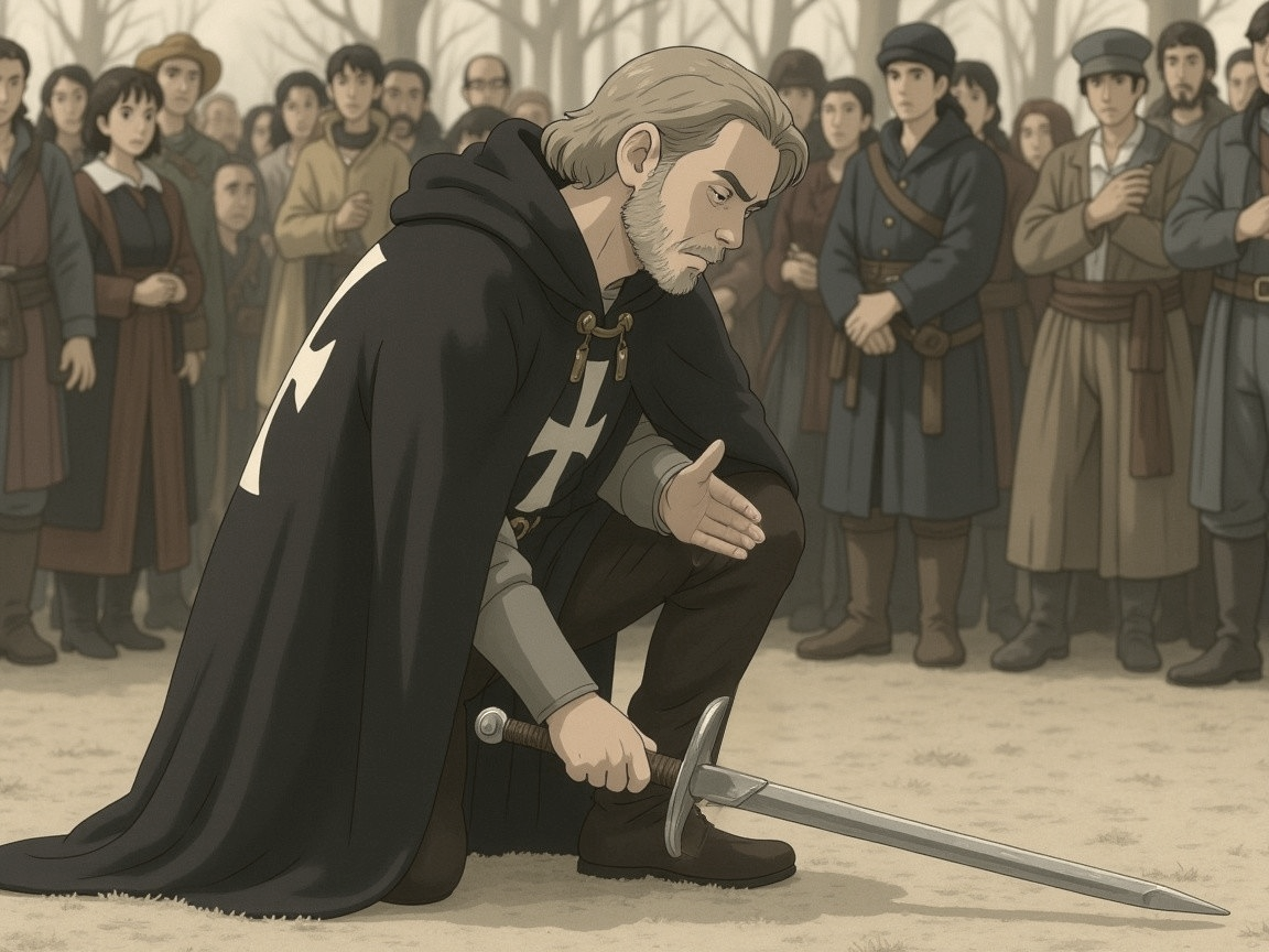 Brooding Knight in Black Cloak Surrounded by Crowd