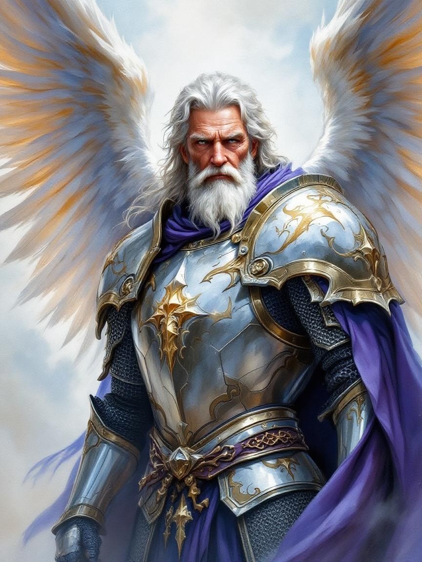 Majestic warrior in silver armor with ethereal wings
