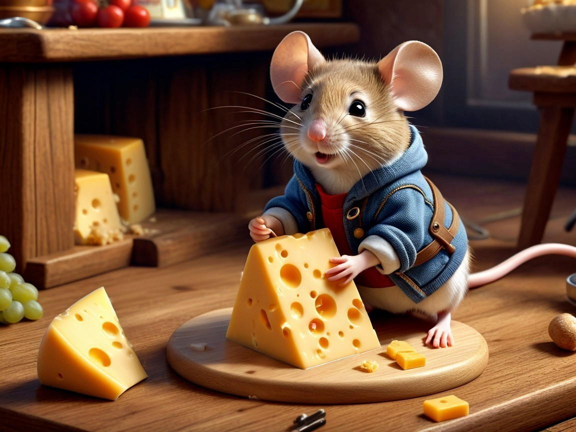 Charming Mouse Prepares Cheese in Cozy Kitchen