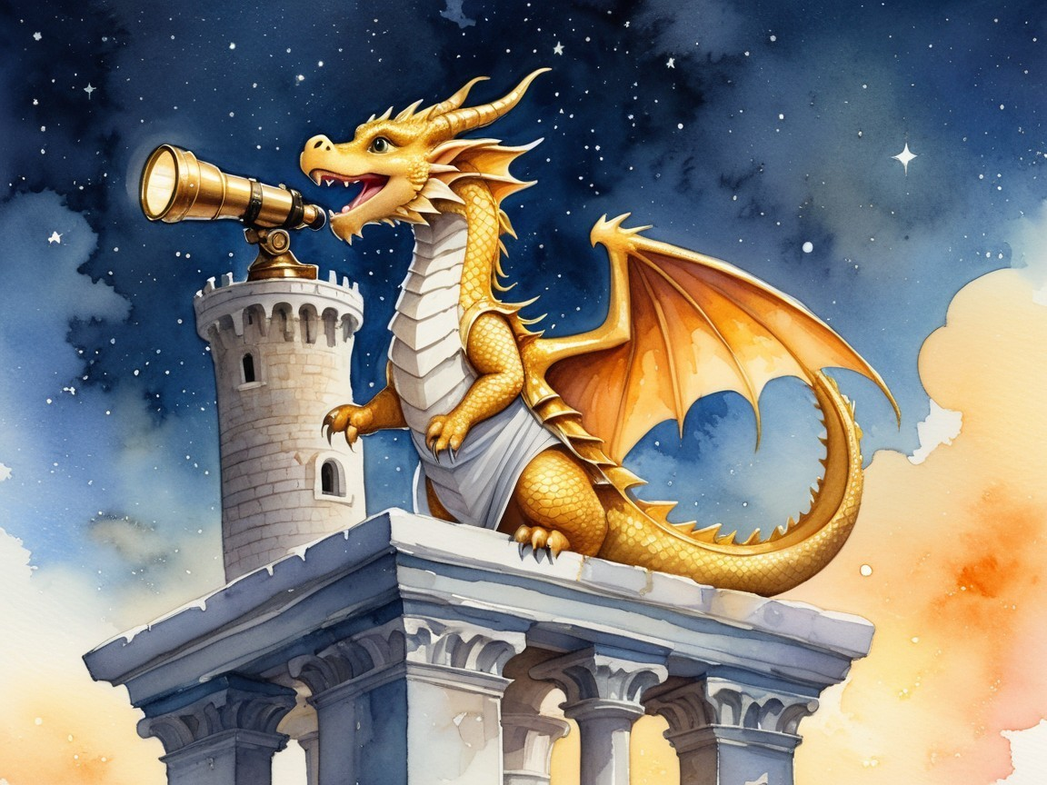 Golden dragon on tower gazes at starry night sky
