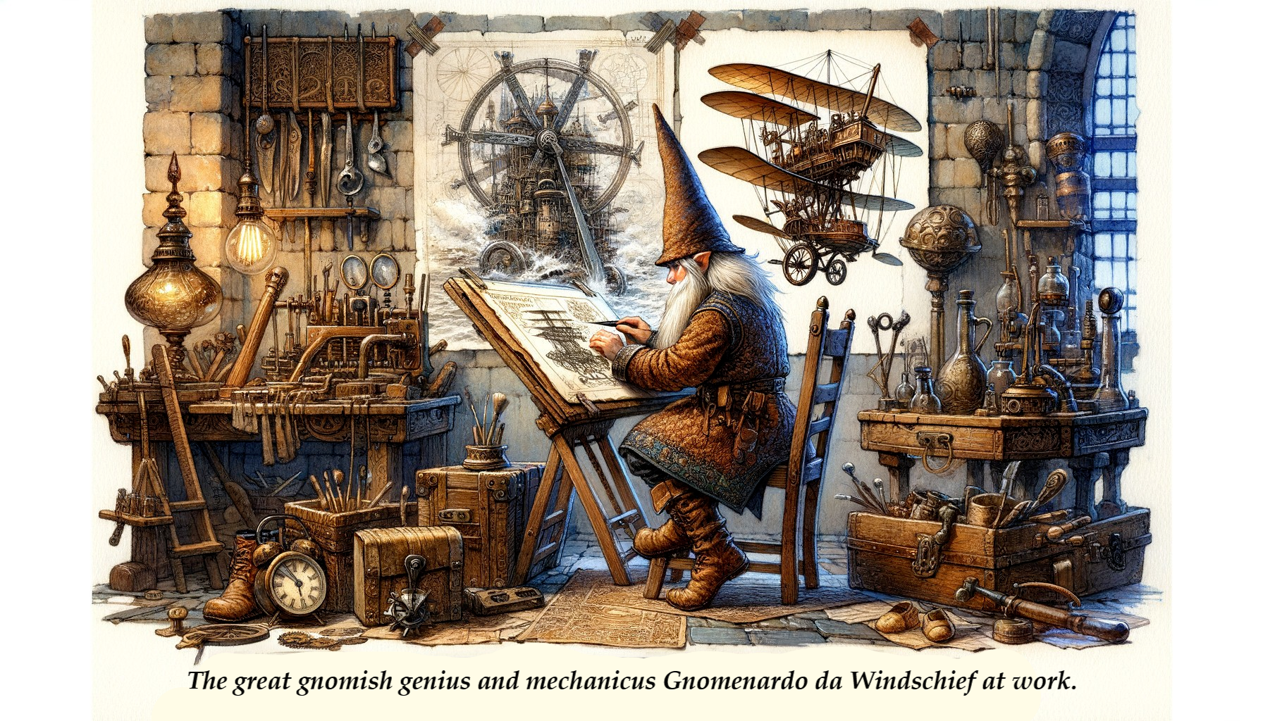 Gnome Workshop with Blueprints and Vintage Machinery