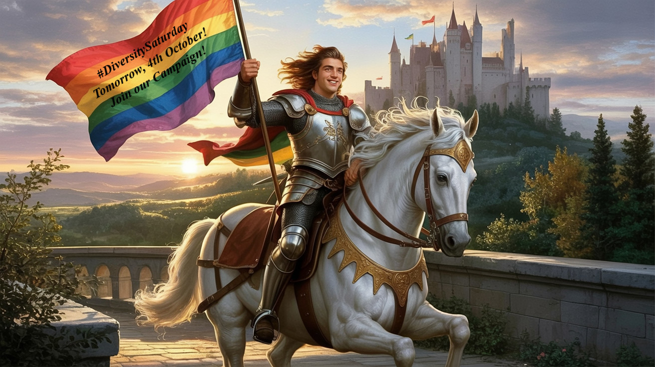 Knight on Horse with Rainbow Flag and Castle Background