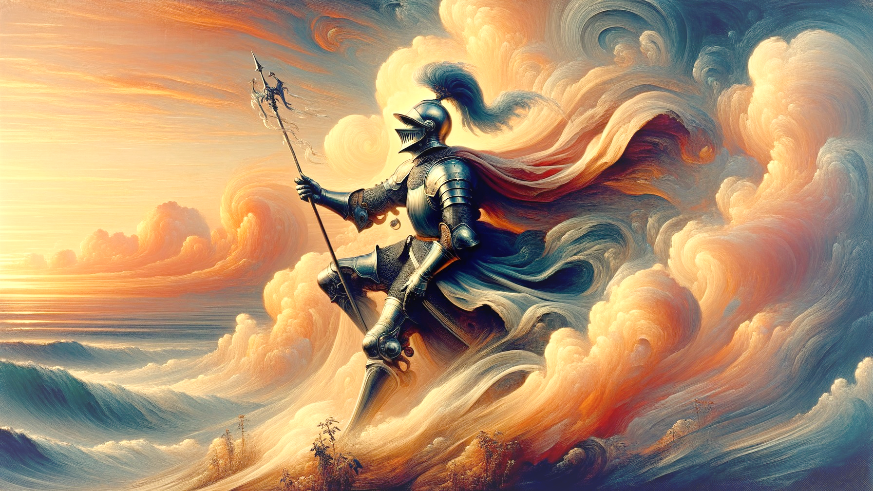 Knight in Armor on Clouds at Sunset with Waves
