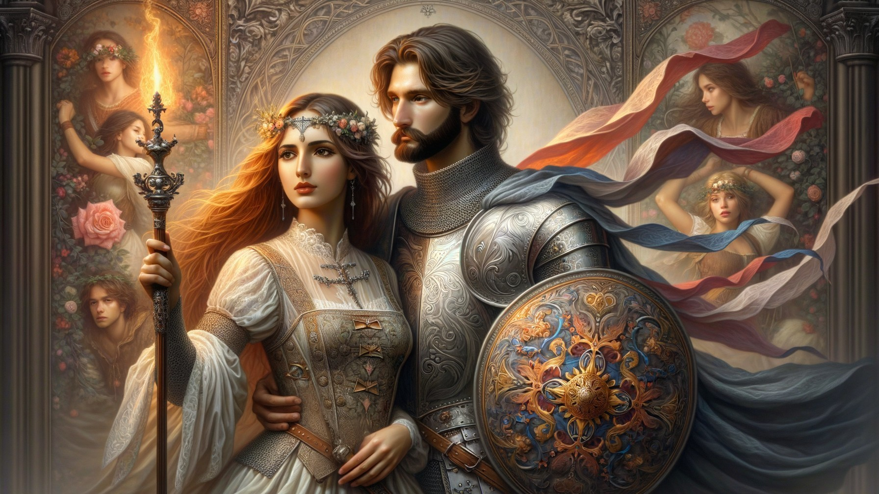 Regal Couple in Ornate Armor and Floral Gown