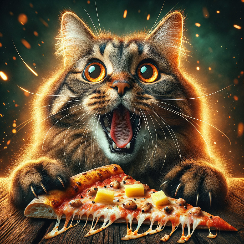 Fluffy Cat with Golden Fur Pawing at Pizza Slice