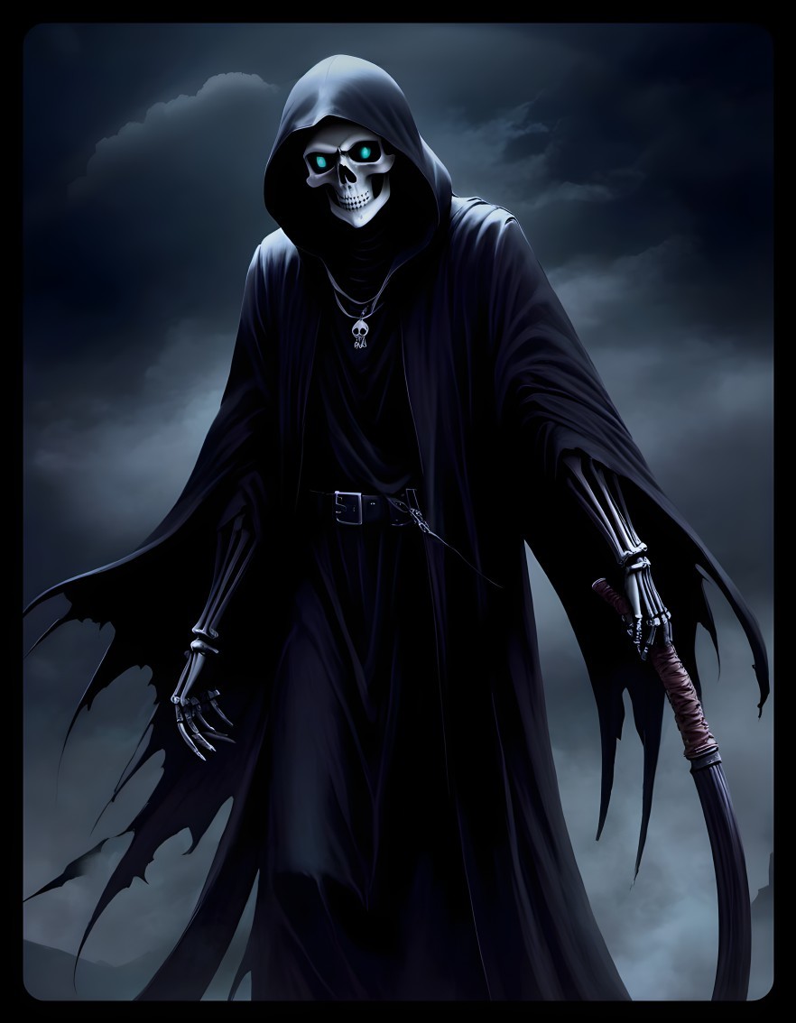 Robed figure with skull face and scythe in dark setting