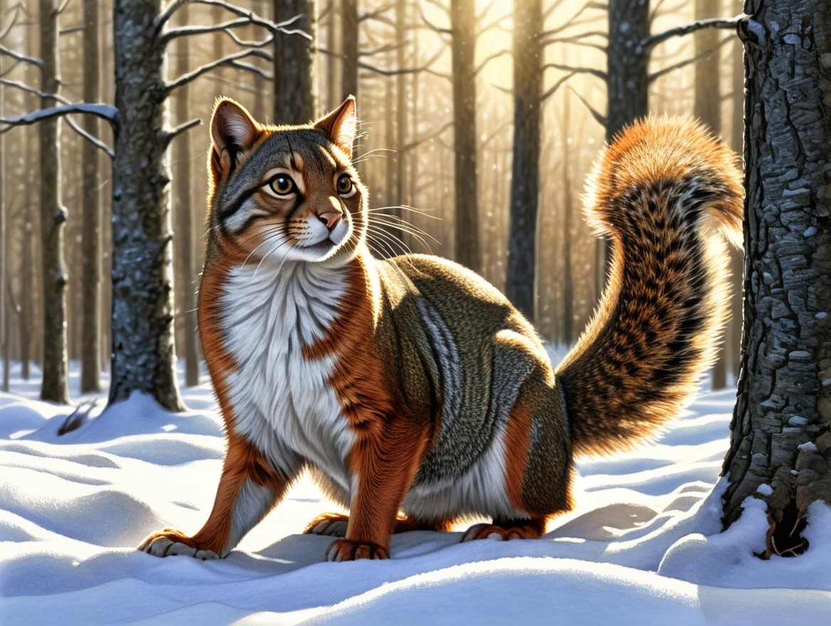 Feline in Snowy Forest with Striped Orange-Brown Fur