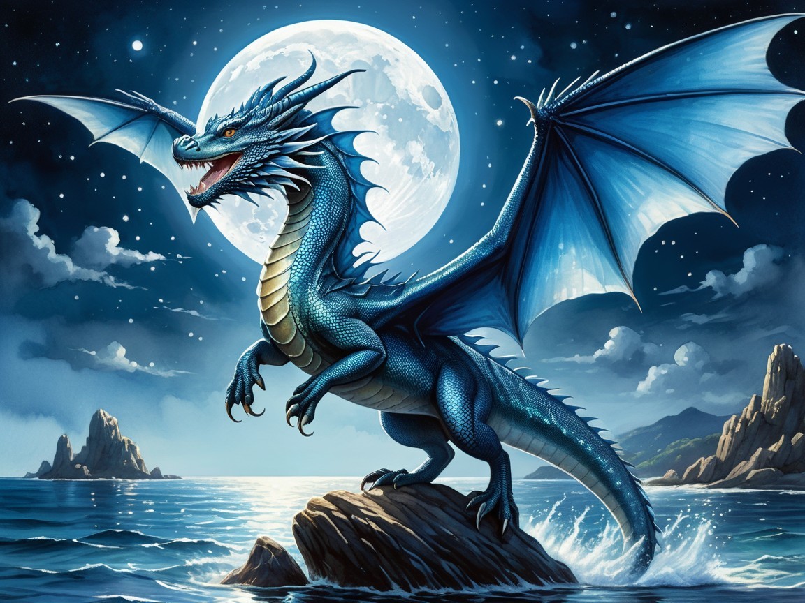 Majestic blue dragon on rocky outcrop under moonlight