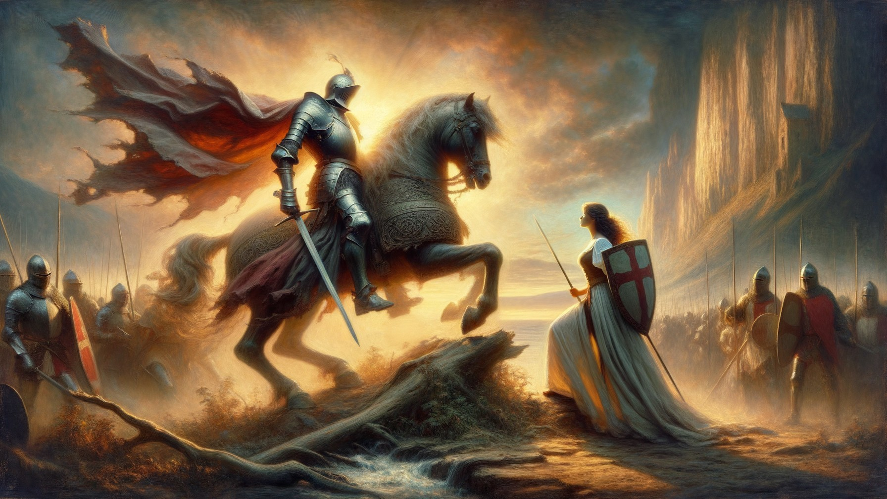 Knight and Woman in Armor at Sunset with Soldiers