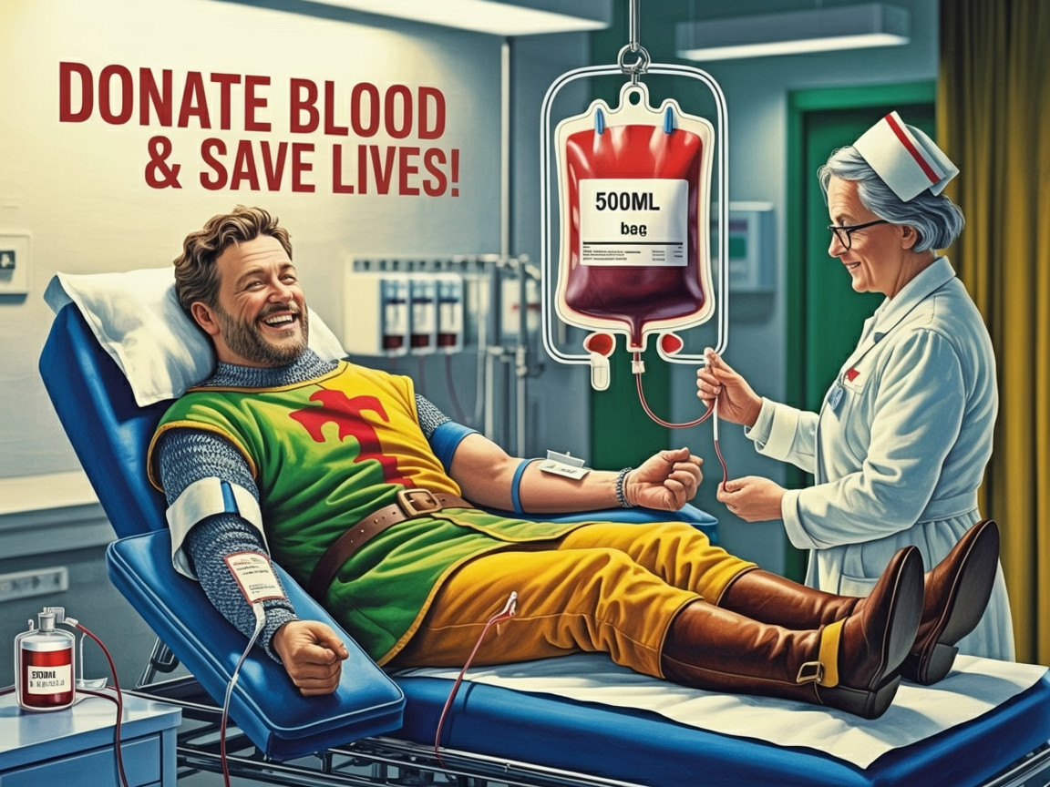 Cheerful Knight Donates Blood in Colorful Armor