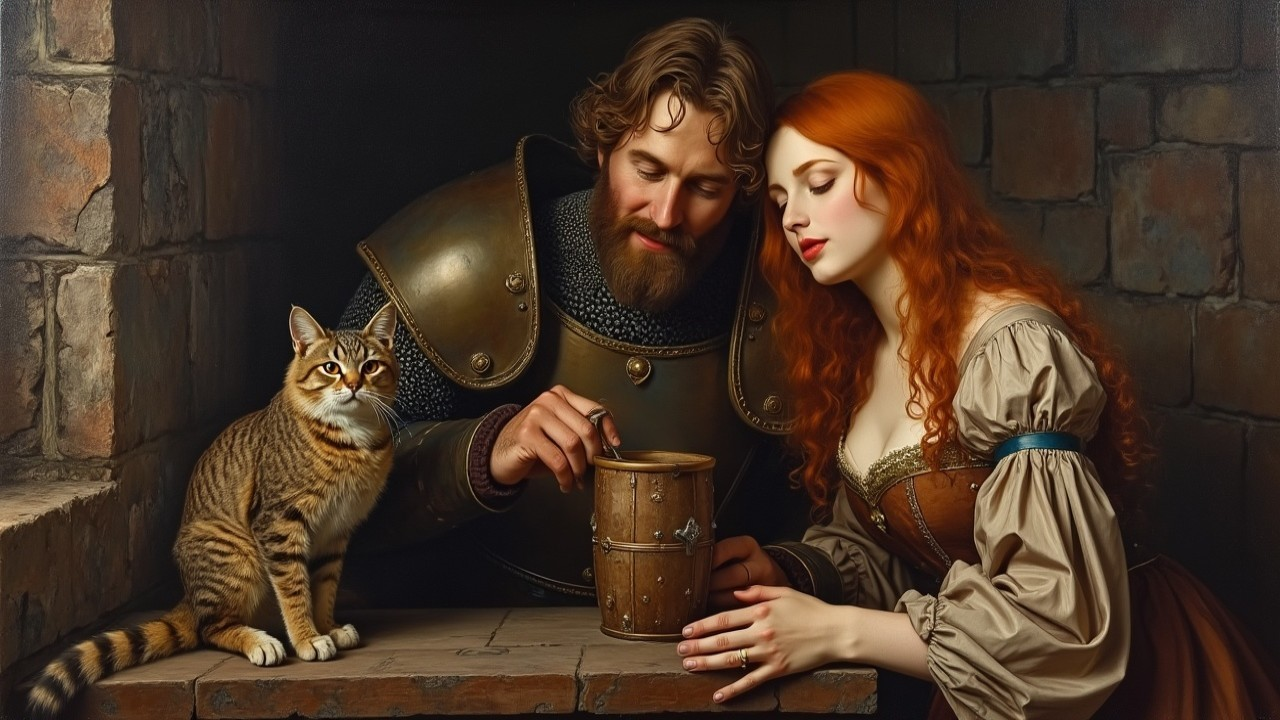 Medieval Knight and Woman Examine Wooden Vessel Together