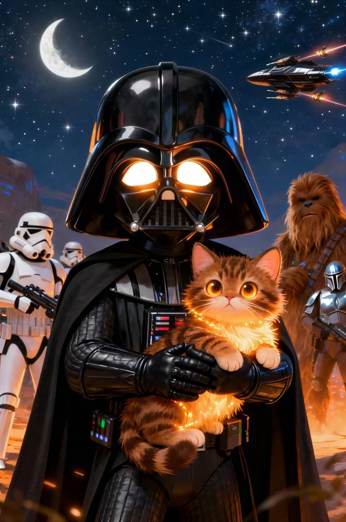 Darth Vader with Cat and Characters Under Starry Sky