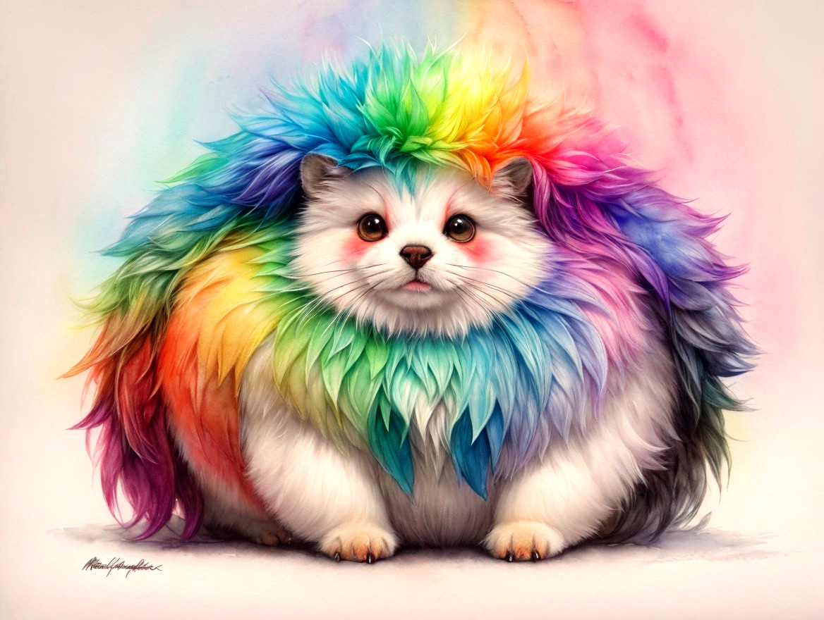 Fluffy Rainbow-Colored Animal with Expressive Eyes