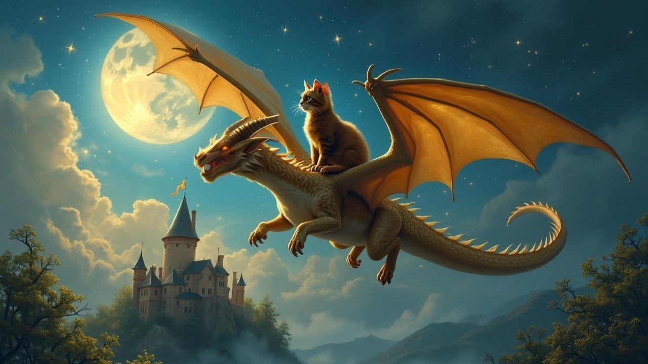 Dragon Gliding Under Moonlight with Playful Cat