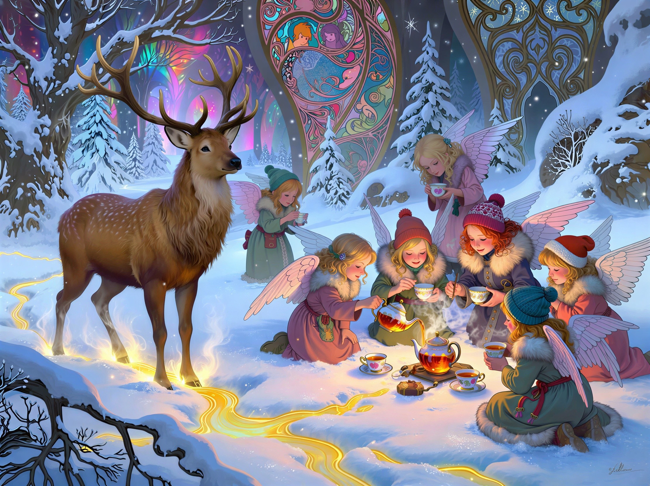 Reindeer and Angelic Girls in a Winter Wonderland Scene