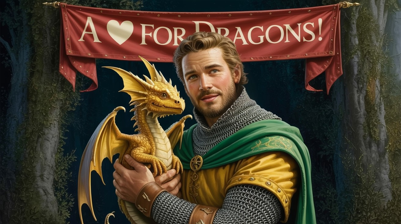 Knight Holding Golden Dragon in Lush Forest Setting