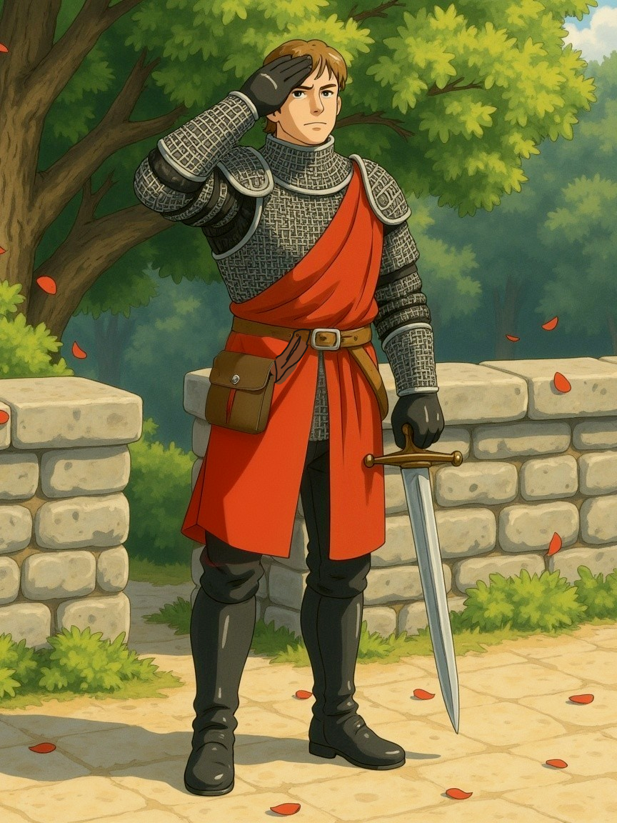 Young Knight in Chainmail with Red Cape in Nature