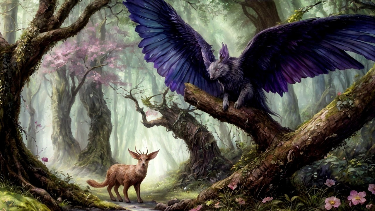 Majestic creature with purple wings in enchanted forest