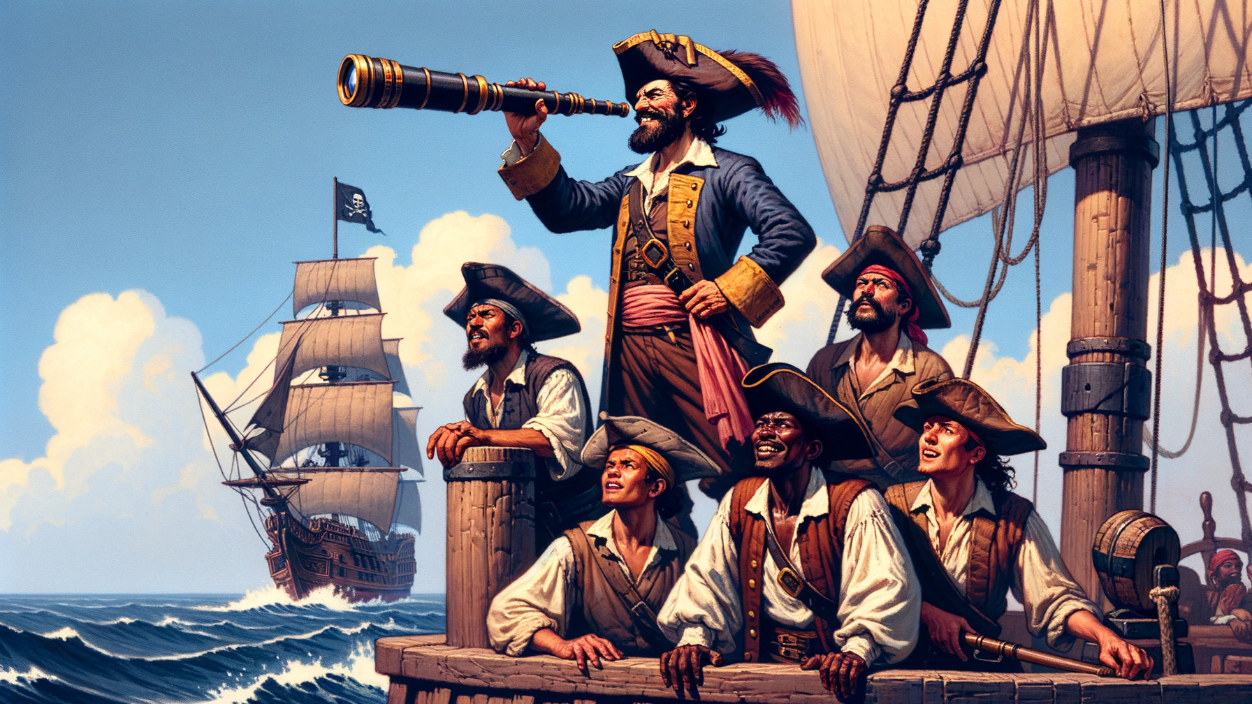 Pirates on Ship Deck with Telescope and Flag