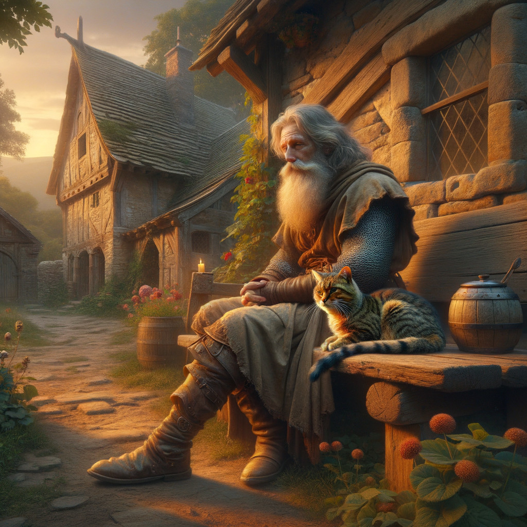 Elderly Man on Bench with Cat in Serene Village