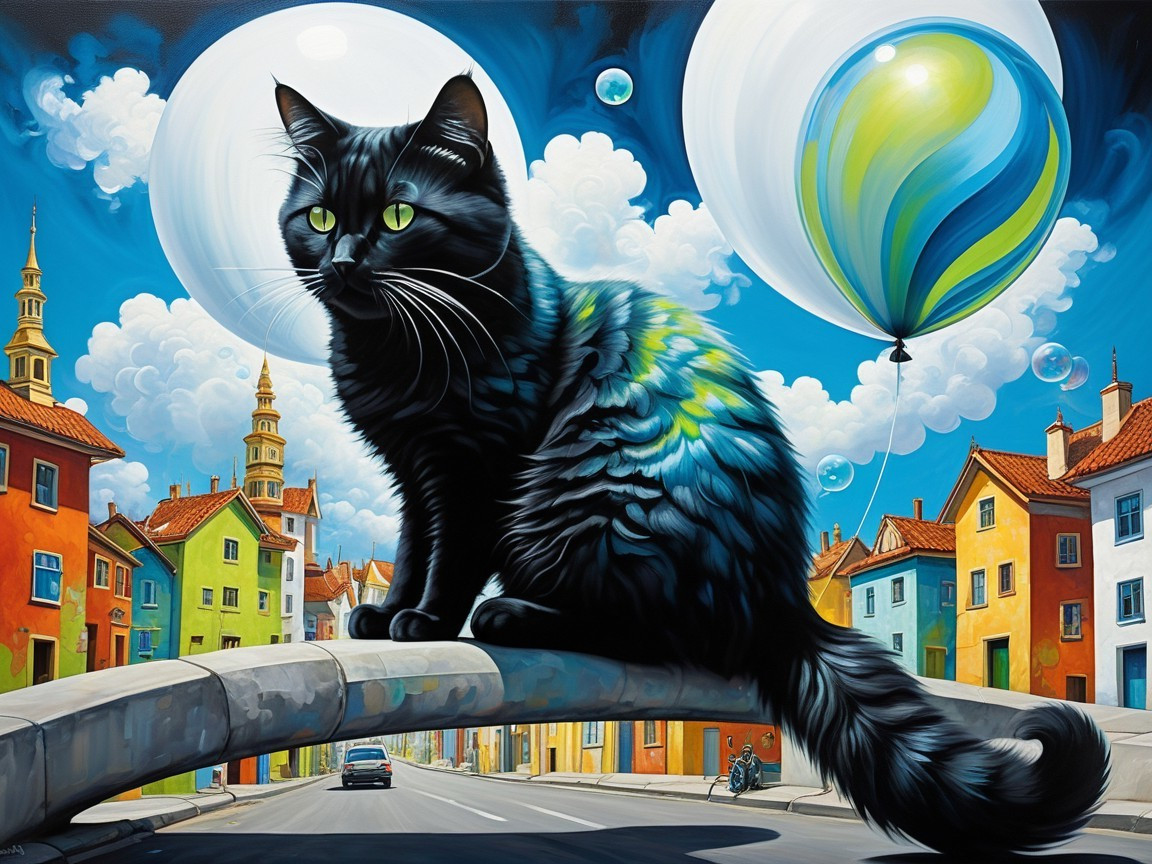 Whimsical Scene of a Cat on a Curved Bridge