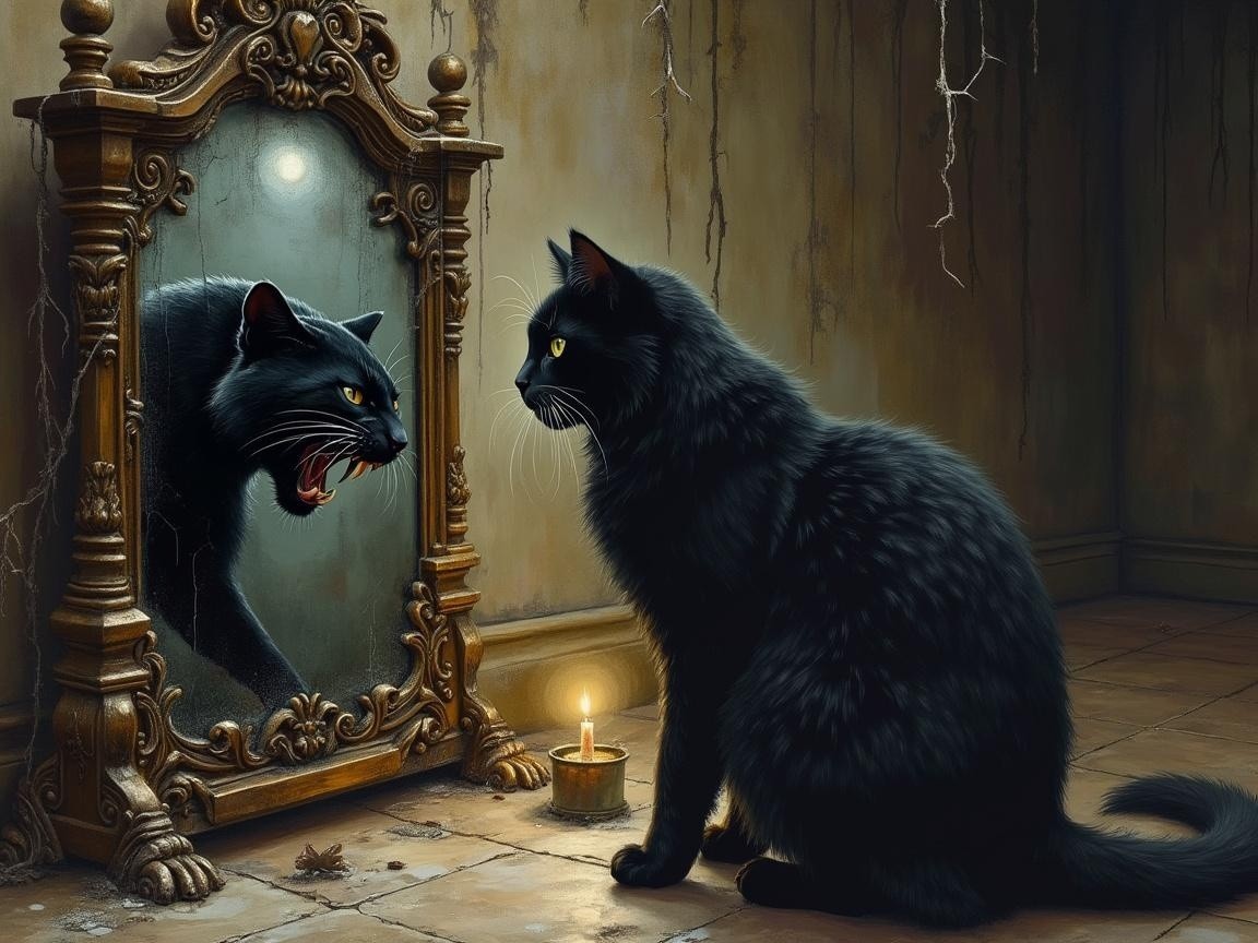 Black Cat and Antique Mirror in Abandoned Room